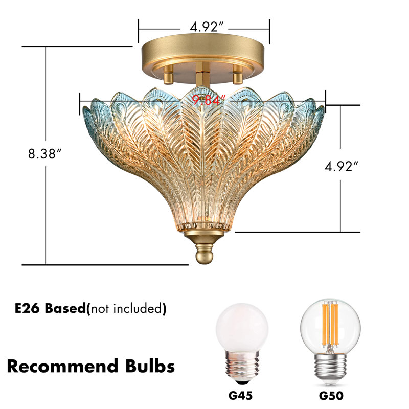 Plafonnier semi-encastré de luxe doré à 2 lumières avec abat-jour en verre bleu et ambré effet plumes