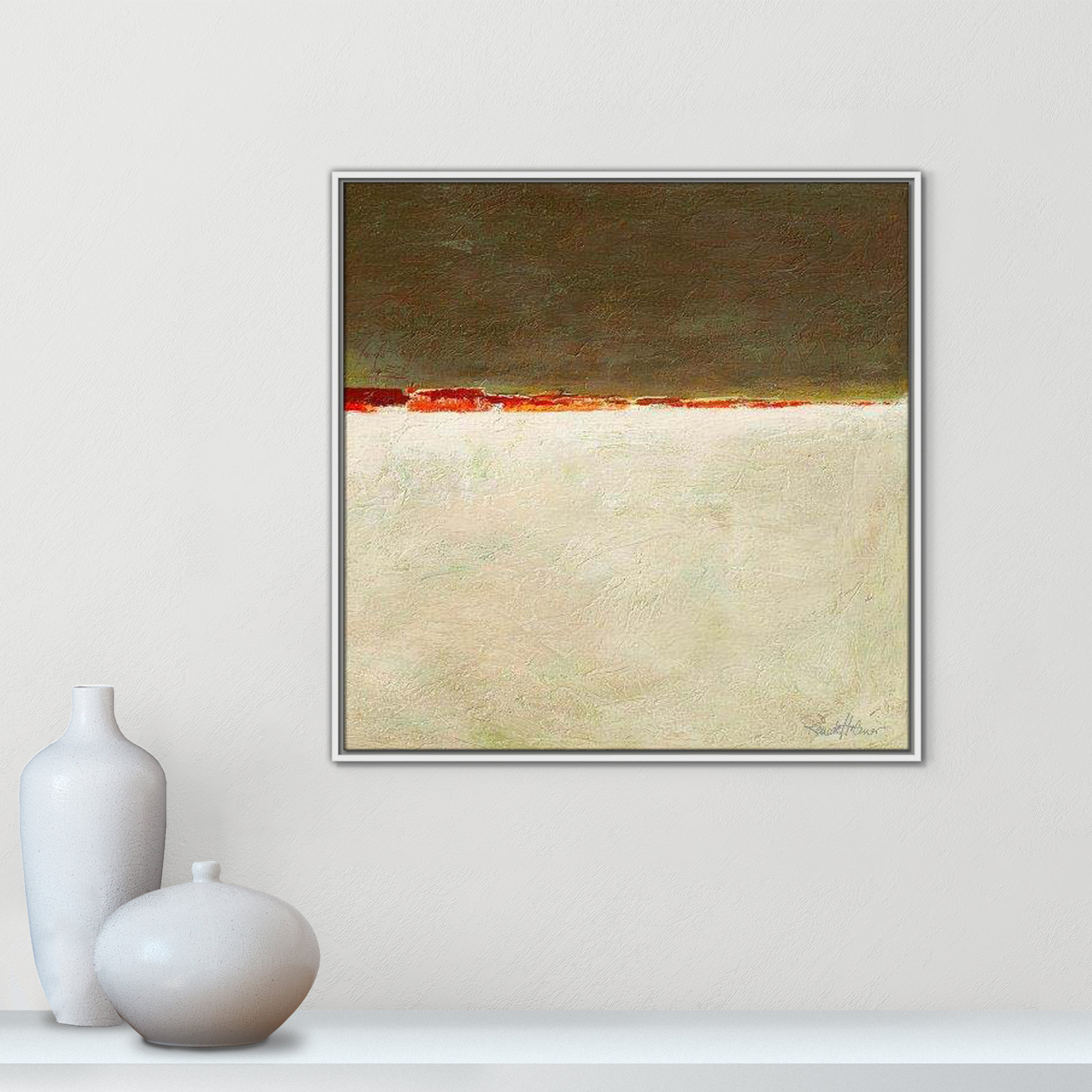 Orange Horizon I by Renate Holzner, 31.5'' H x 31.5'' W x 2'' D, White Framed