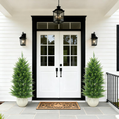 4FT Artificial Cedar Topiary Tree, 2 PCS Fake Cypress Potted Greenery, Faux Evergreen Shrubs For Front Door Living Room Decor, Housewarming Gift
