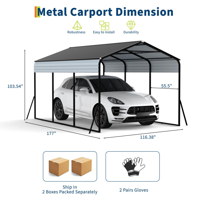 10x15 Ft Heavy Duty Metal Carport with Galvanized Steel Roof, All-Weather Outdoor Shelter for Cars, Trucks, Boats, and Storage