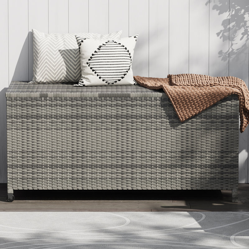 Boîte de rangement pour l'extérieur, coffre en rotin PE de 125 gallons avec roulettes et poignées, côté jardin et piscine, gris