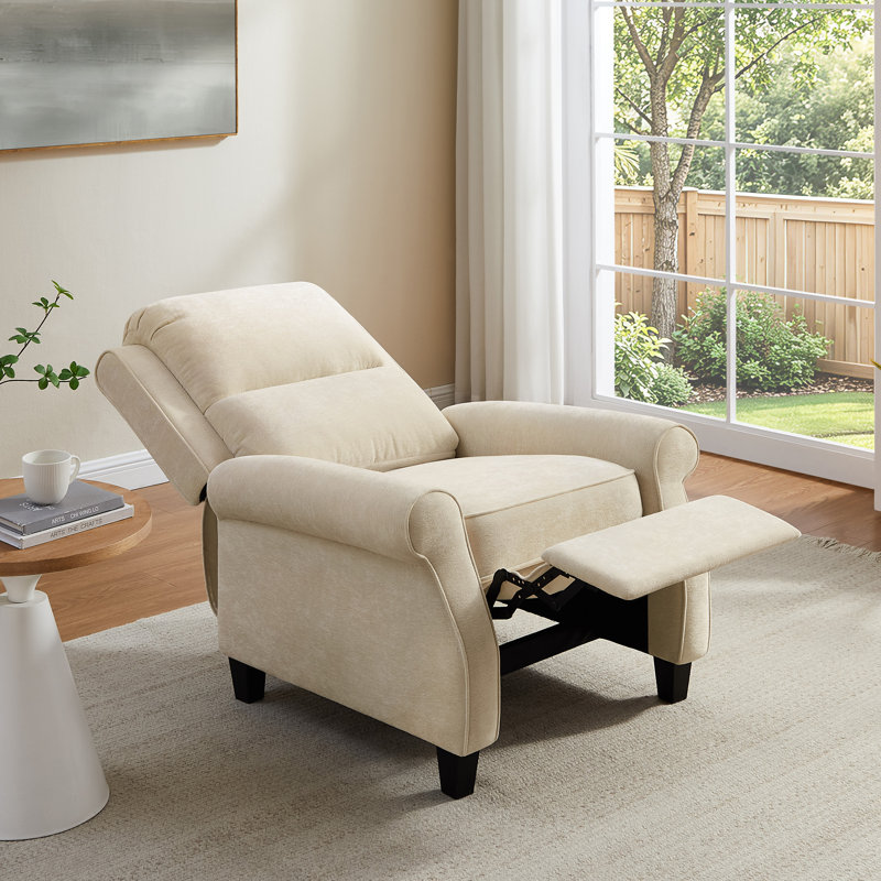 34.6’’ Push Back Recliner Chair With Adjustable Backrest & Footrest, Cream Chenille