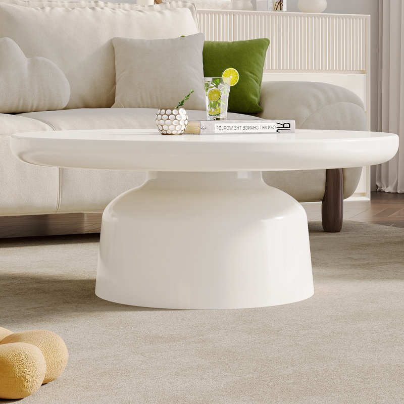 Cream White Round Coffee Table with Cylindrical Base