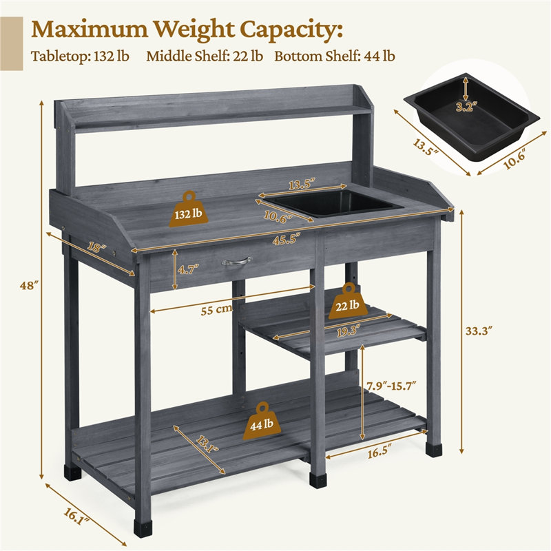 Burroughs Fir Wood Outdoor Potting Bench with Sink Drawer, Gray