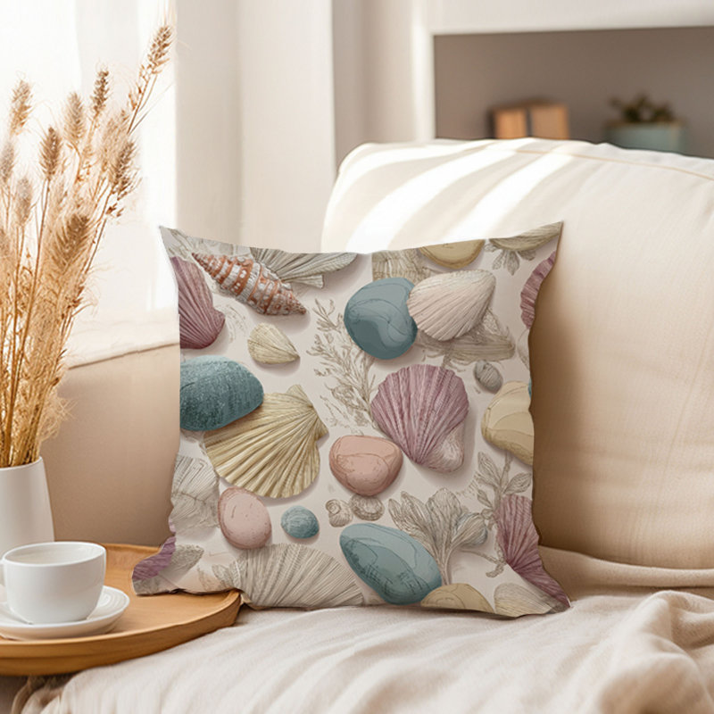 Housse de coussin de plage et de bord de mer, Carré 20 po, Beige / rose nautique / plage