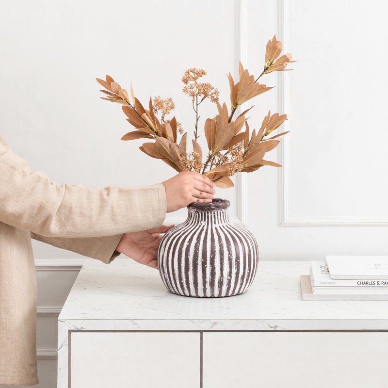 Handmade Rustic Terracotta Vase with Rounded Form & Ribbed Details, Dark Brown/White