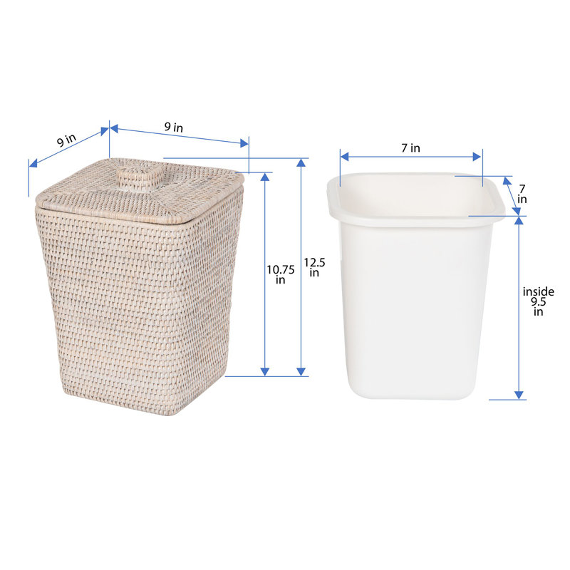 La Jolla Square Waste Basket and Trash Bin with Lid and Plastic Insert, White