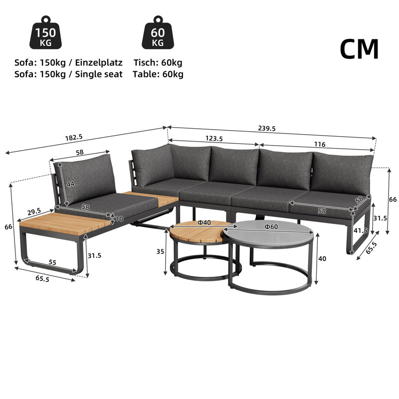 5 Person Garden Lounge Set With Cushions  And Coffee Table Grey