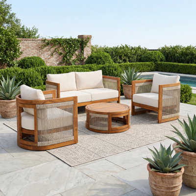  Ensemble de conversation de patio en bois d'acacia 4 pièces, ensemble de mobilier d'extérieur incurvé pour baignoire avec accents en corde tissée, ensemble de conversation de jardin moderne
