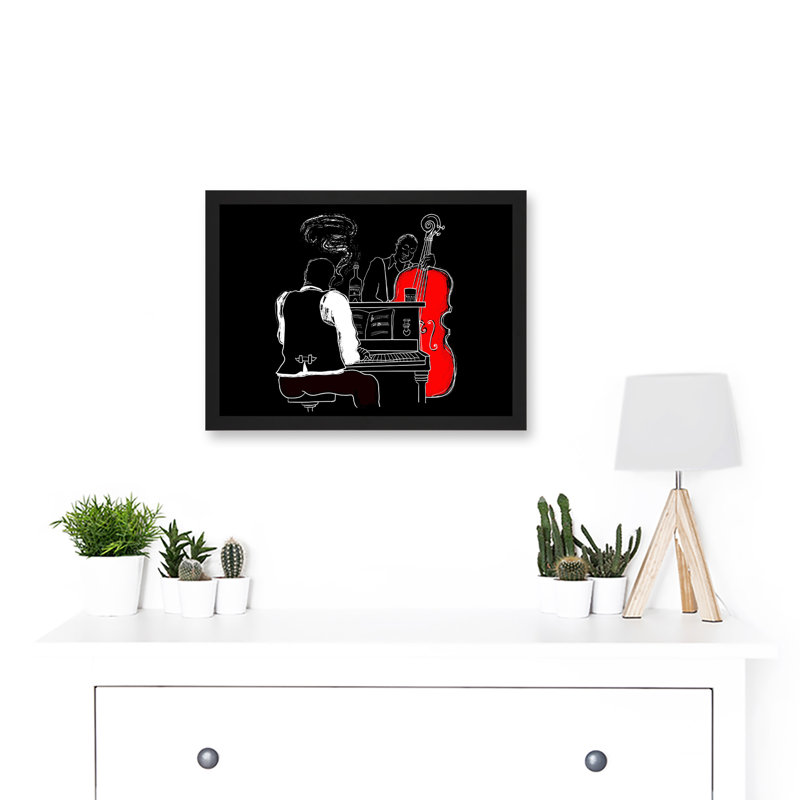 Musicians Jazz Piano Illustration Red Bass Bar Music Artwork Framed  Wall Art Print, 23.4cm H x 32.3cm W x 1.5cm D