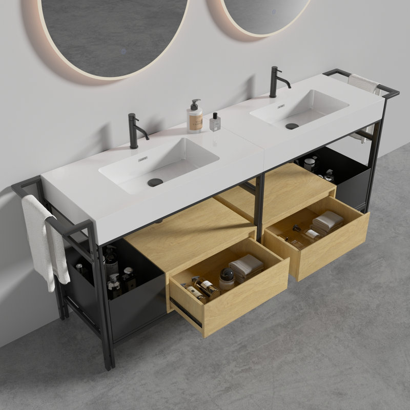 Meuble-lavabo de 72 pouces avec cadre en métal robuste, tiroir à fermeture en douceur et barre à serviettes réglable en pierre artificielle blanche, haute précision de fabrication, convenant à un décor moderne sans soudure