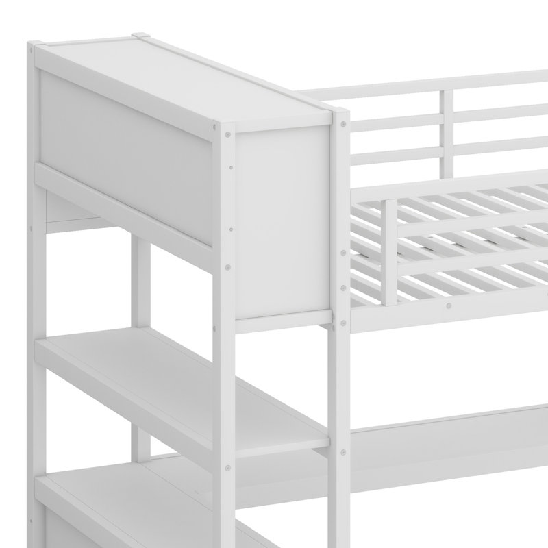 Lit mezzanine en métal avec garde-robe et bureau en L, avec cubes de rangement et tablettes, Blanc
