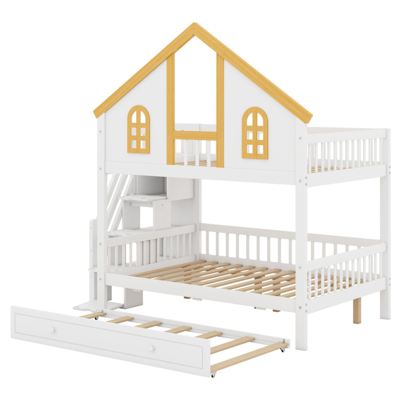Lit superposé multifonctionnel en bois avec toit, escalier de rangement et lit gigogne, Lit double