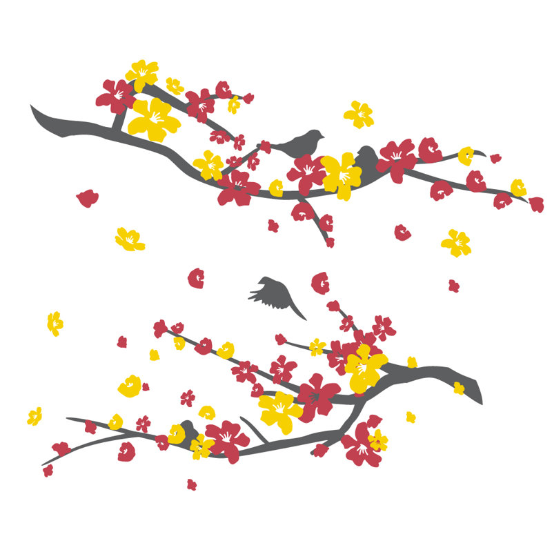 Décalcomanie murale petites fleurs de cerisier, H 20 po x l 24 po x P 0,01 po, Gris / rouge / jaune