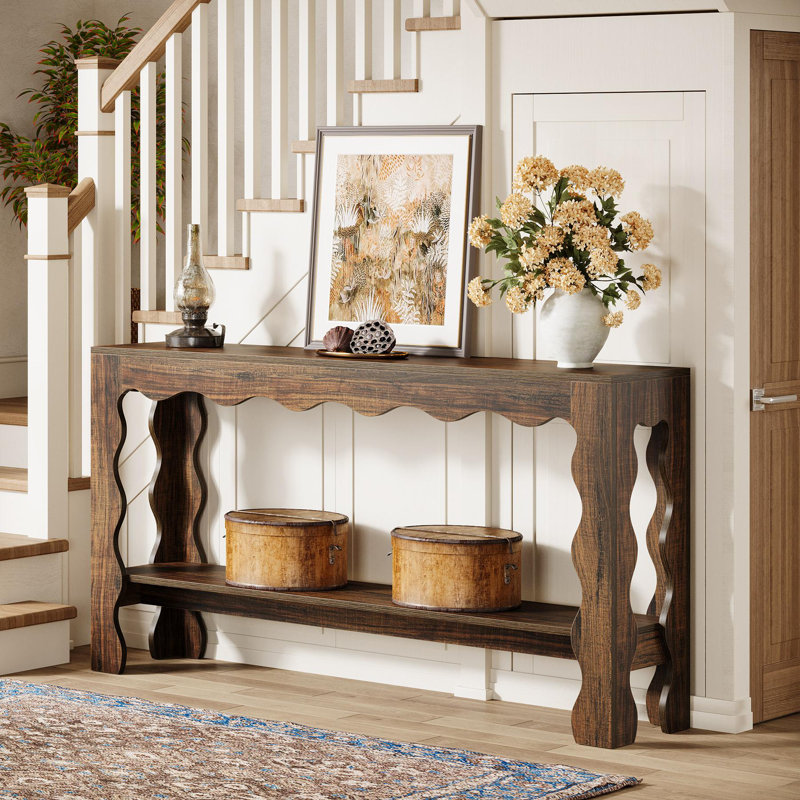 63" Console Table with Curved Legs, 2-Tier, Dark Brown