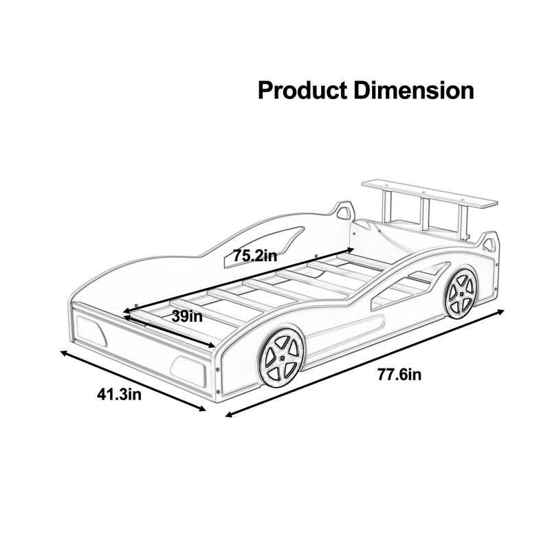 Lit plateforme en bois en forme de voiture avec roues pour adolescents