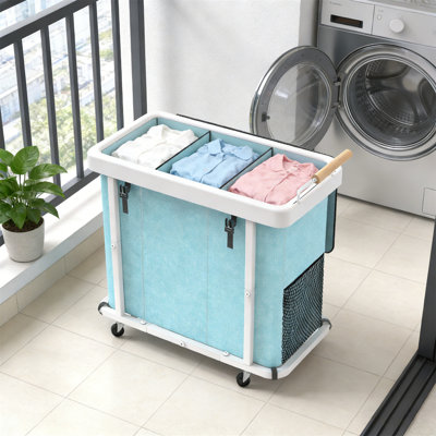 Laundry Cart, Large Capacity Stylish Three Compartment Laundry Sorting Basket, With Lid, Handle, And Sturdy Metal Frame, Suitable For Laundry Rooms, Hotels, And Other Places,