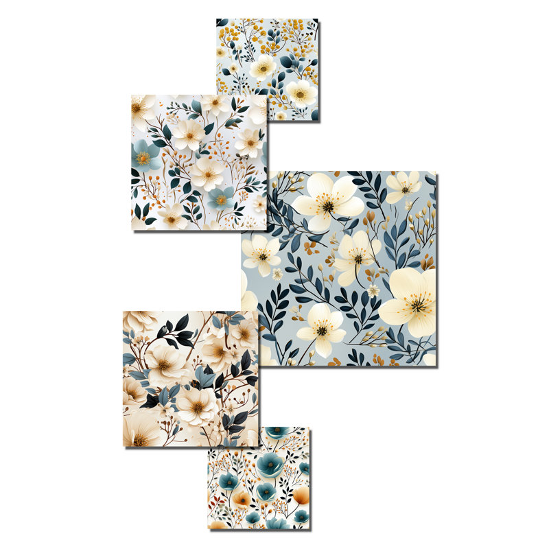 Literie florale blanche et beige minimaliste II - ensemble d'art mural floral de 5