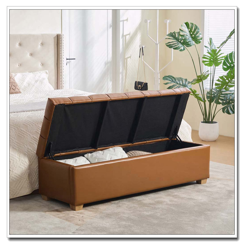 Banc de rangement rembourré en polyuréthane de 60,2 po de large avec repose-pieds capitonné avec repose-pieds, Brun