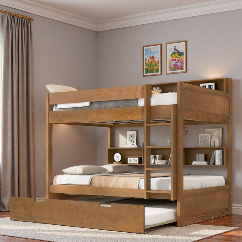 Lit superposé avec lit gigogne et rangement intégré, Simple sur simple, Bois antique