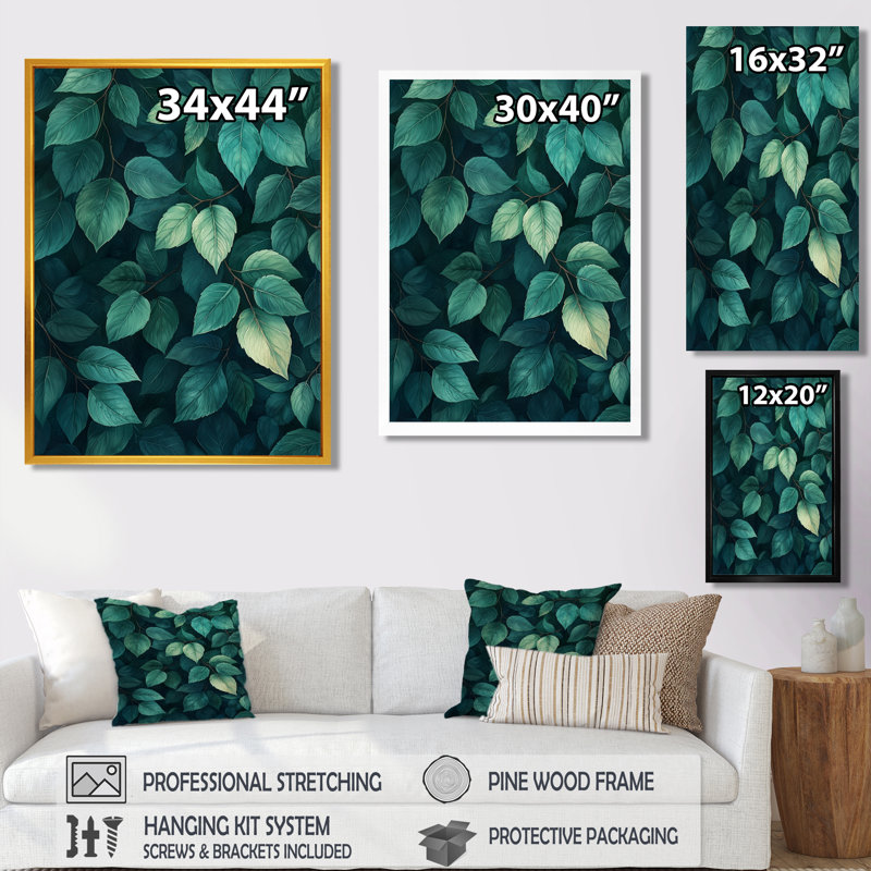 Gabriella vert émeraude feuilles luxuriantes couches III - décoration murale feuilles, H 60 po x l 28 po, Blanc
