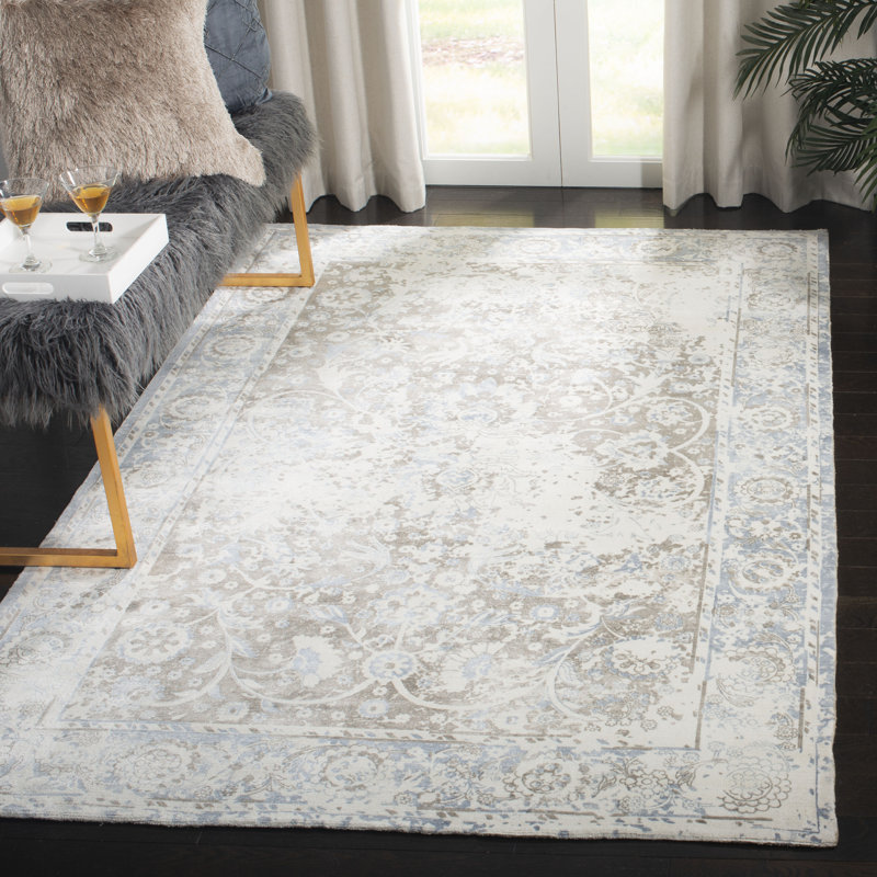 Tapis oriental gris en viscose / coton tissé à la main Brianne, Rectangle 6 pi x 9 pi