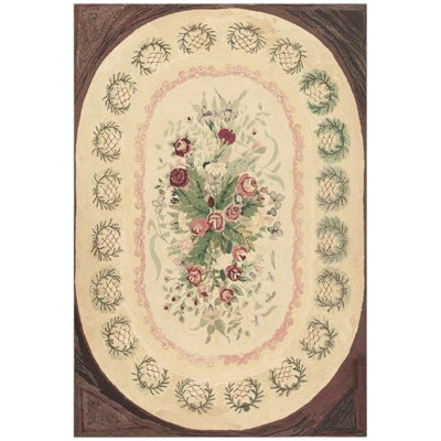 1880s Traditional Beige Antique Roses Folk Art American Hooked Knotted Wool Rug