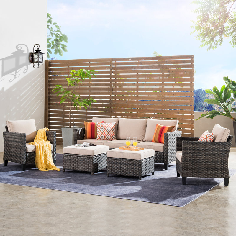 Amerissa Rattan Sectional Seating Group with Cushions, Light Beige