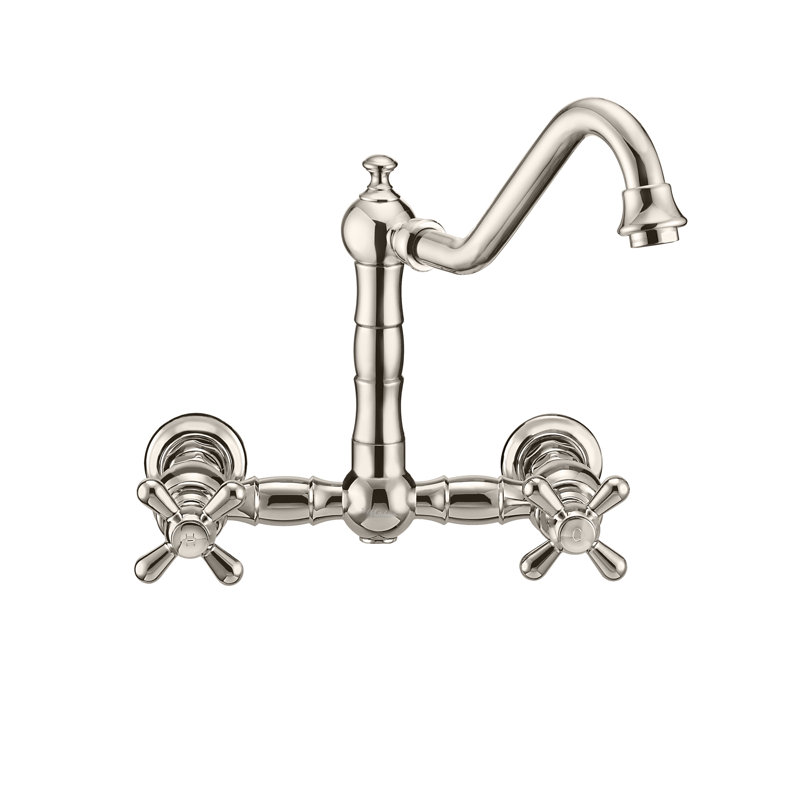 Whitehaus Wall Mount Faucet with Long Traditional Swivel Spout and Solid Brass Side Spray, Polished Nickel, Cross