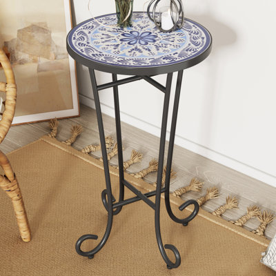 Blue+black Patio Side Table With Sleek Curved Frame - Ceramic Tile Top For Outdoor And Indoor Use In Weather- Finish, Stable