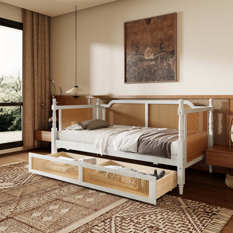 Lit de jour en rotin Xyrelle avec cadre en bois de pin et sans sommier, Lit simple, Blanc 1