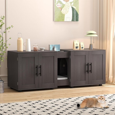 3-in-1 Multi-Functional 55" Large Cat Litter Box Furniture for 2 Cats Hidden Litter Box Enclosure w/Double Rooms & Barn Doors