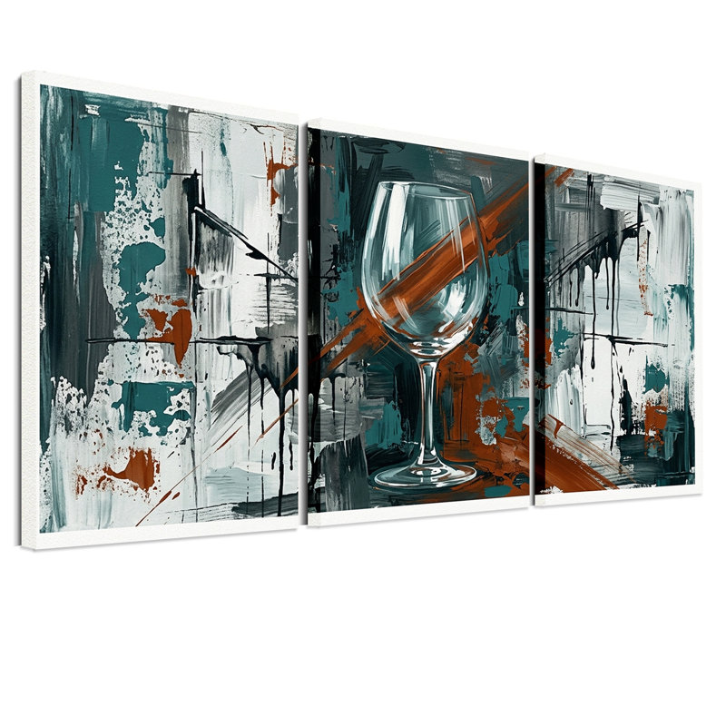 Ensemble de 3 toiles murales abstraites représentant des verres à vin transparents aux tons turquoise et rouille