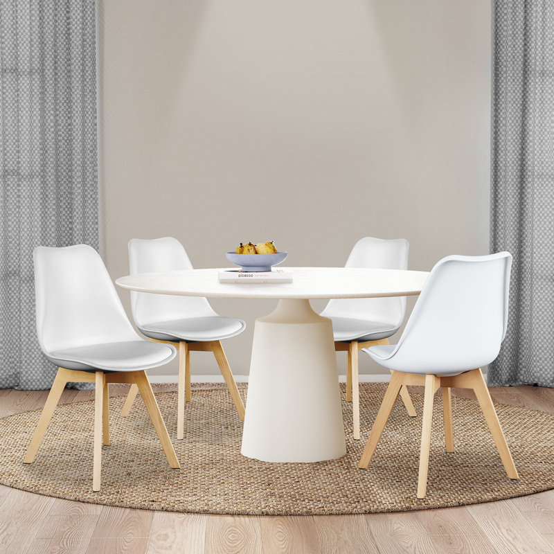 Set of 4 Modern Elegant Shell Upholstered Dining Chairs, Wooden Kitchen Chair, White