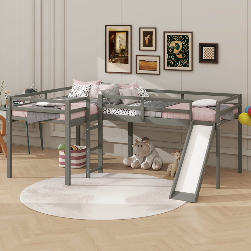 Lit mezzanine en L avec échelle et glissoire incluses, Gris