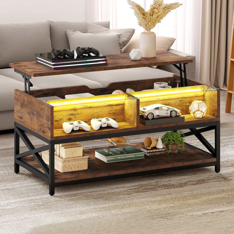 Abey Lift Top Tempered Glass Coffee Table with 2 Open Cabinets and Shelf, Brown/Black
