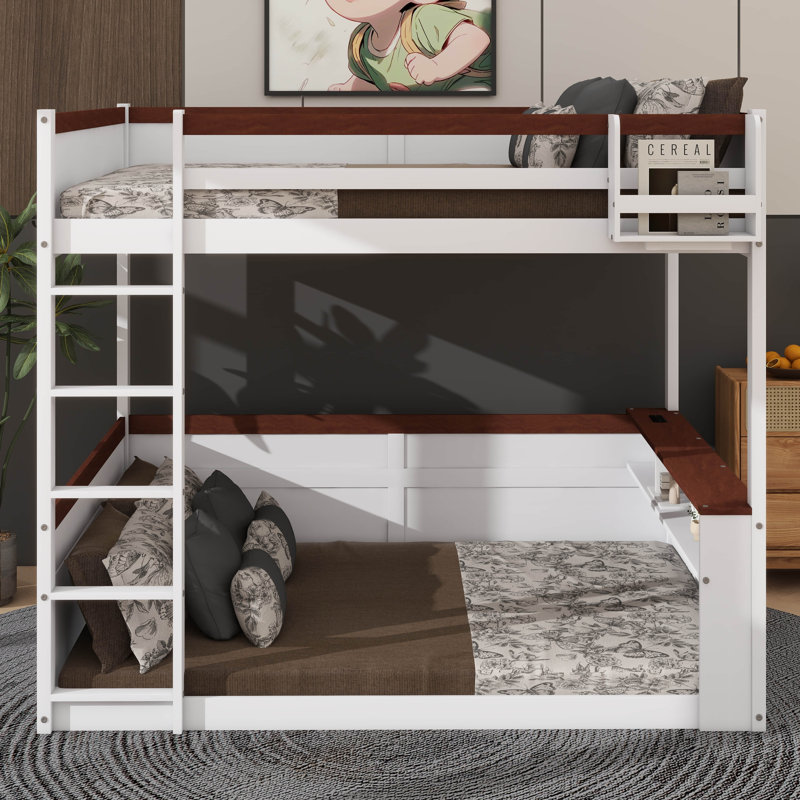 Queen Size Bunk Bed With Integrated Shelves, Storage Space, LED Lighting, And USB Port, White