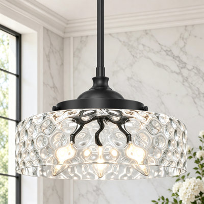 Suspension noire réglable à 3 lumières avec abat-jour en verre martelé transparent