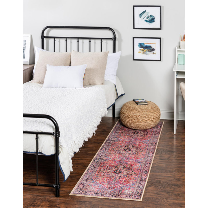 Tapis rouge / bleu marine / beige Prague, Tapis de couloir 2 pi x 8 pi