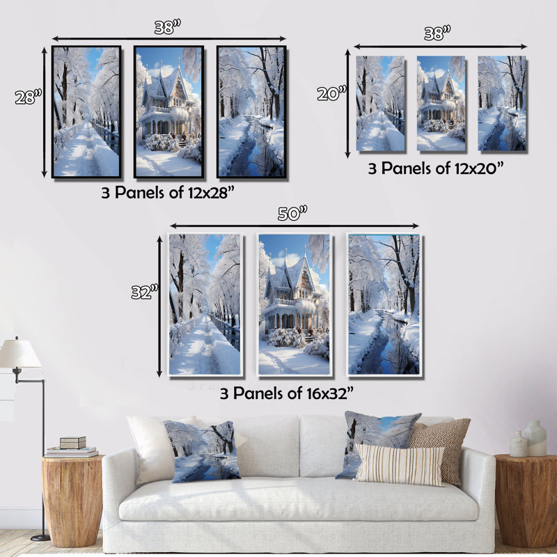 «Winter Snowy Serenity», 3 pièces sur toile, Encadré naturel, H 32 po x l 16 po