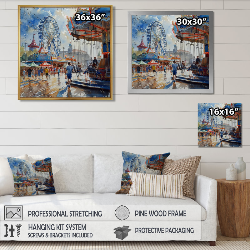 «Gray Blue Amusement Parks Midway Marvels», reproduction d'art mural de parcs d'attractions, Cadre flottant blanc