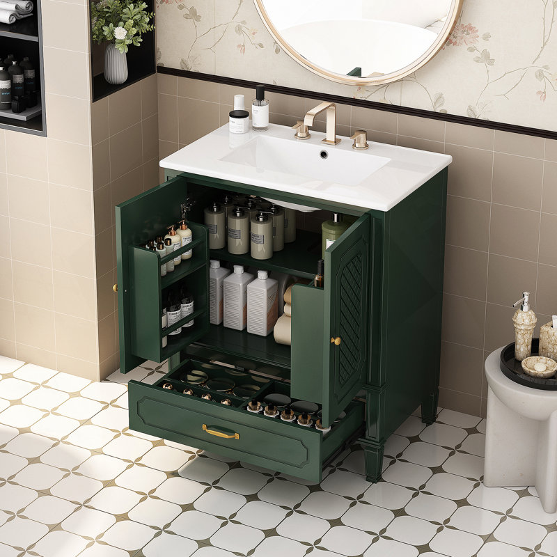 Meuble-lavabo 30 po avec lavabo style rétro, espace de rangement multifonctionnel, tablette de porte, porte à fermeture en douceur, vert foncé