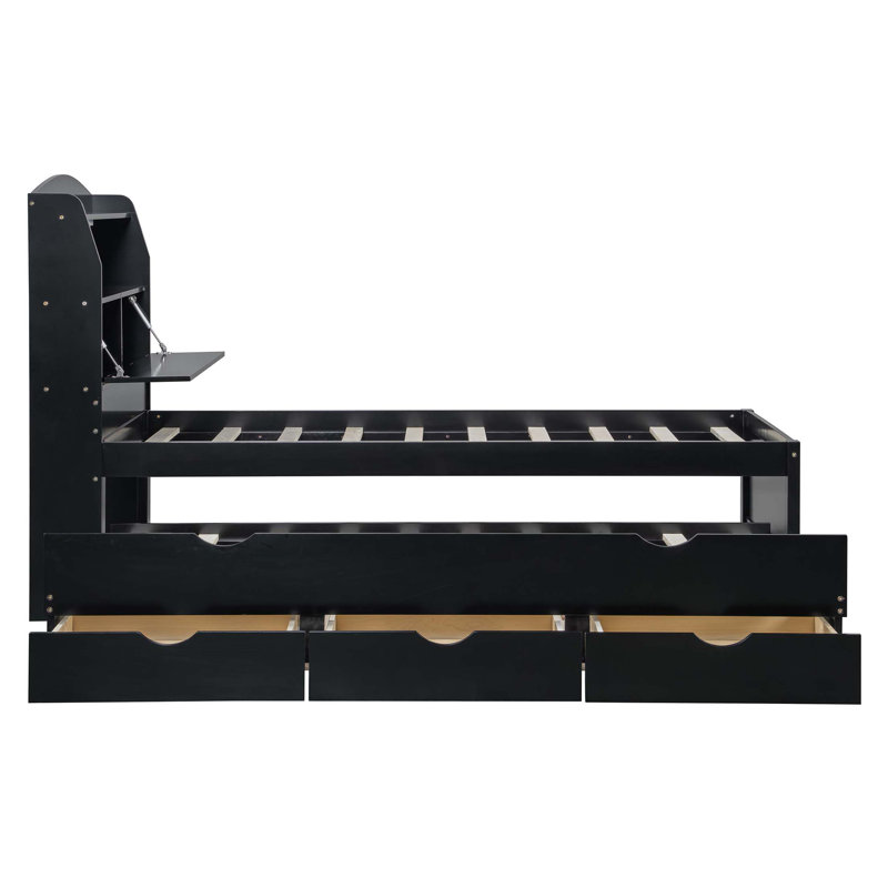 Lit plateforme en bois avec lit gigogne et tête de lit à DEL avec tiroirs, Lit simple, Espresso