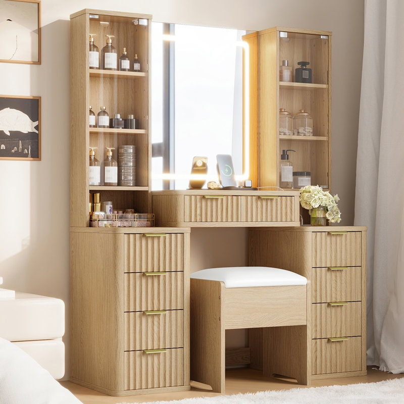 43.5 Inch Fluted Makeup Vanity Desk With Mirror, Lights, And Charging Station, Modern Glass Top With 10 Drawers And 2 Transparent Cabinets, Oak