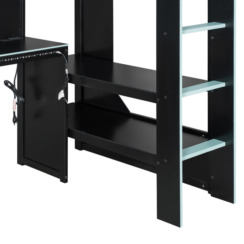 Lit mezzanine simple avec bureau intégré et lumières, structure de lit en bois moderne avec bureau et station de charge intégrée, noir et bleu