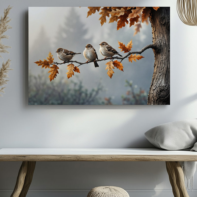 Toile dans un paysage tranquille doucement illuminé, trois petits oiseaux avec art mural, corps arrondis et plumes détaillées