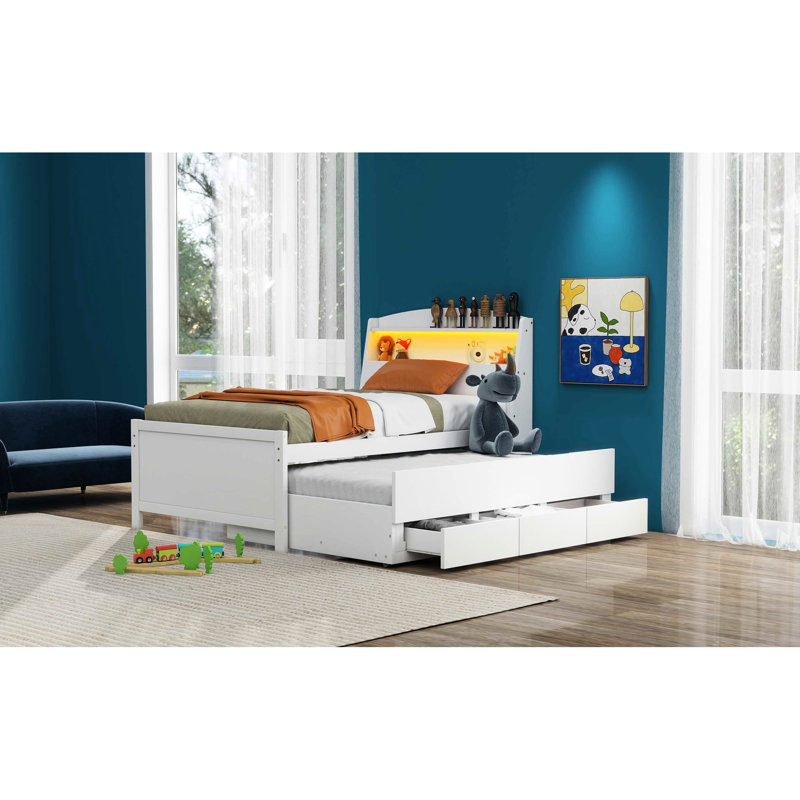 Lit plateforme simple avec tête de lit à DEL, rangement, 3 tiroirs et lit gigogne, blanc - Tiroirs en bois massif, tête de lit et pour l'intérieur