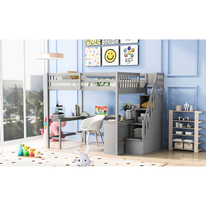 Full Size Loft Bed In Gray With Desk And Storage Options - Enhance Your Bedroom Style Three L-Shaped Work Desk, Transform