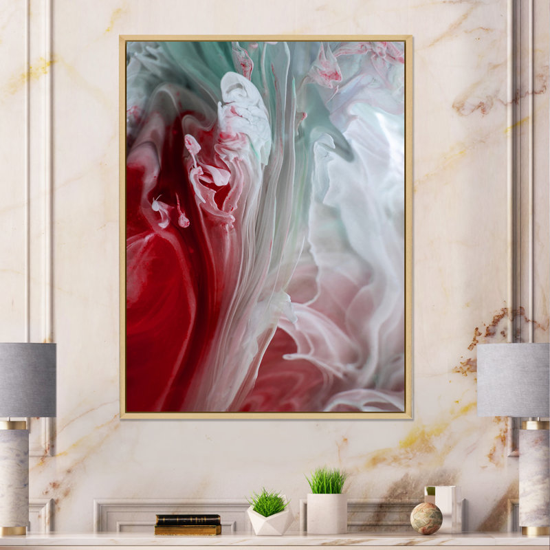 Art mural liquide en rouge et vert - décoration murale moderne en toile, H 40 po x l 30 po x P 1,5 po, Cadre flottant brun