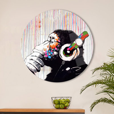 Abstrait singe méditant en verre trempé, art mural pour décoration intérieure moderne | Rond